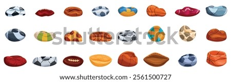Deflated ball icons set. Comfortable bean bag chairs shaped like different sports balls, offering a fun and relaxing seating experience