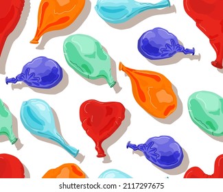 Deflated balloons seamless pattern. Bright inflatable balloons of various shapes and colors. Festive decorative elements. Vector cartoon illustration