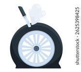 Deflated car tire with knife stuck in it, causing air leak and flat, concept of vandalism or road hazard