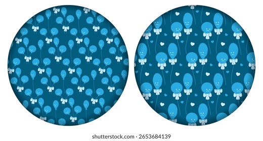 Deflated and circle balloons with Tied Bow and Hearts. Seamless Pattern on Circle Paper Cut Backdrop