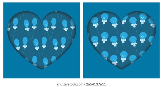 Deflated and Circle Balloons with Tied Bow Seamless Patterns on Hearts Shape Backdrops Monochrome