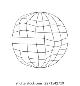 Deflated globe icon. Distorted wireframe of Earth planet isolated on white background. Climate changing concept. Global ecological catastrophe idea. Vector outline illustration