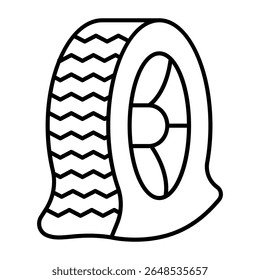 Ícone de linha fina de pneu de borracha esvaziada, conceito de montagem de pneus. Gráficos vetoriais. Roda de carro com sinal de ar liberado no fundo branco, estilo móvel ou design