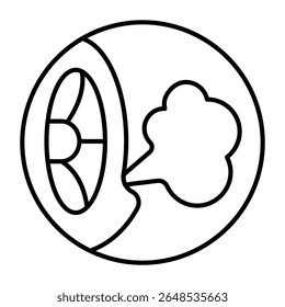 Deflated tire wheel thin line icon, tires fitting concept. Vector graphics. Car wheel puncture with release air cloud sign on white background, style mobile or design