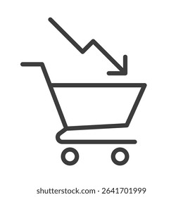 deflation clip art icon symbol, cost reduction, economic depression, financial crisis, cost of living concept, decline sales, shopping cart and down arrow, isolated line vector illustration
