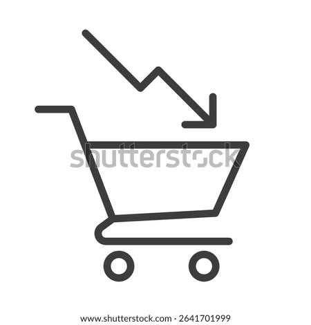 deflation clip art icon symbol, cost reduction, economic depression, financial crisis, cost of living concept, decline sales, shopping cart and down arrow, isolated line vector illustration