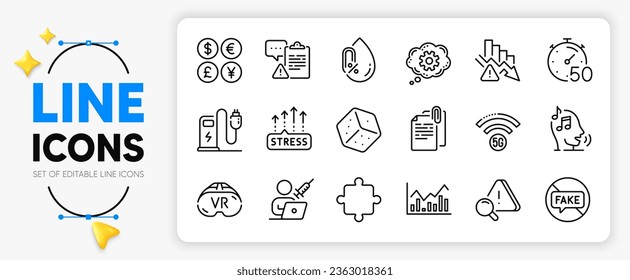 Los iconos de línea Deflación, CogWheel e Infochart establecidos para la aplicación incluyen moneda de dinero, adjunto de documento, icono delgado del contorno del temporizador. El estrés crece, sin alcohol, icono del pictograma Vr. Rompecabezas. Vector