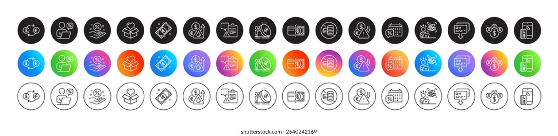 Deflation, Donation and Euro money line icons. Round icon gradient buttons. Pack of Buying currency, Currency exchange, Loan percent icon. Vector