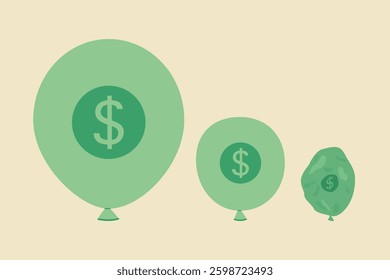 Deflation finance concept vector illustration. Balloons with dollar symbol shrinking, symbolizing, deflating prices, economic downturn and recession. 