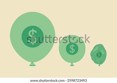 Deflation finance concept vector illustration. Balloons with dollar symbol shrinking, symbolizing, deflating prices, economic downturn and recession. 