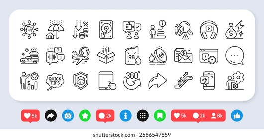 Deflation, Fuel price and Employees wealth line icons pack. Social media: share, comment, like icons. Accounting report, Home facility, Project deadline web icon. Vector