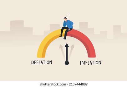 Deflation and inflation gauge. Finding a financial and economic balance. Risk management of the economic crisis. 
A businessman sits on a money meter to assess economic risks.