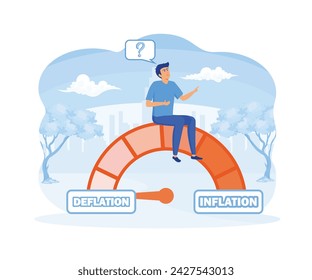 Deflation and inflation gauge. Finding a financial and economic balance. Risk management of the economic crisis. A businessman sits on a money meter to assess economic risks. flat vector modern illust