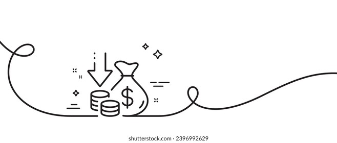 Icono de línea de deflación. Una línea continua con curl. Signo de reducción de precios. Reducir el símbolo de velocidad. Cinta de contorno único de deflación. Patrón de curva de bucle. Vector