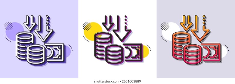 Icono de línea de deflación. Patrón punteado de semitono. Icono de degradado con sombra de grano. Signo de reducción de Precio. Símbolo de tasa reducida. Icono de deflación de línea. Varios diseños. Vector