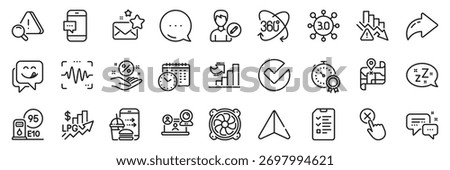 Deflation, Loan percent and Smartphone message line icons pack. Share, Message, Paper plane icons. Employees messenger, Video conference, Rise price web icon. Vector