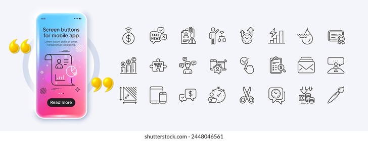 Deflation, Quick tips and Search employee line icons for web app. Phone mockup gradient screen. Pack of Timer, Work home, Interview job pictogram icons. Vector