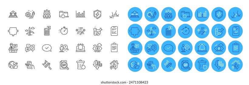 Deflation, Reminder and Calculator line icons pack. Check article, Recovery trash, Time management web icon. Approved message, Work home, Timer pictogram. Education, Paint roller, Group people. Vector