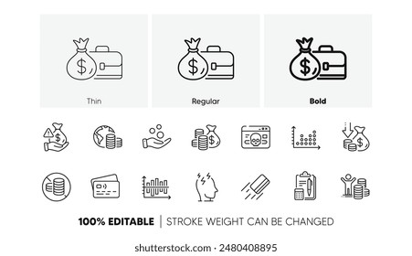 Iconos de línea de deflación, estrés y salario. Paquete de Bolsa de monedas, Dot plot, Icono de presupuesto. Ganancia de presupuesto, soborno, pictograma de dinero de donación. Tarjeta de crédito, Diagrama gráfico, Contabilidad. Ciberataque. Vector