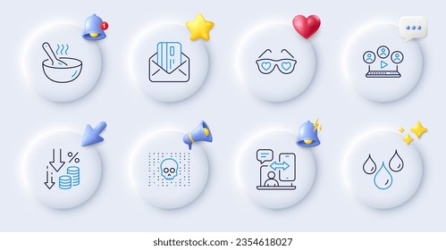 Deflation, Waterproof and Love glasses line icons. Buttons with 3d bell, chat speech, cursor. Pack of Phone timing, Cyber attack, Video conference icon. Credit card, Cook pictogram. Vector