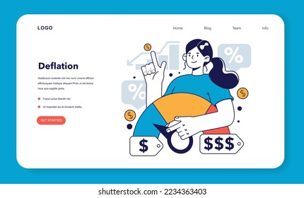 Deflation web banner or landing page. Reduction of the general level of prices and the value of money growth. Financial recovery from economic crisis. Flat vector illustration.