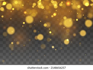 Defocused abstract golden bokeh lights and sparkles. Blur Christmas glowing gold dust confetti and spark overlay texture for your design. Glares with flying glowing particles light. Vector.