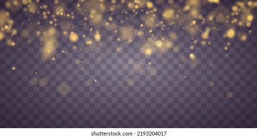 Defocused abstract golden bokeh lights and sparkles. Blur Christmas glowing gold dust confetti and spark overlay texture for your design. Glares with flying glowing particles light. Vector.