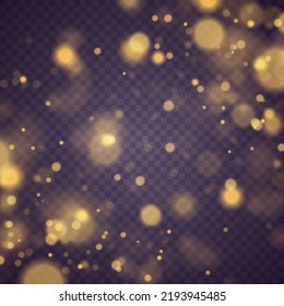 Defocused abstract golden bokeh lights and sparkles. Blur Christmas glowing gold dust confetti and spark overlay texture for your design. Glares with flying glowing particles light. Vector.