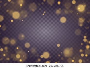 Defocused abstract golden bokeh lights and sparkles. Blur Christmas glowing gold dust confetti and spark overlay texture for your design. Glares with flying glowing particles light. Vector.