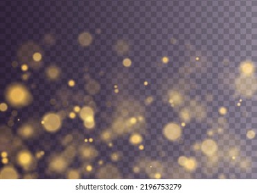 Defocused abstract golden bokeh lights and sparkles. Blur Christmas glowing gold dust confetti and spark overlay texture for your design. Glares with flying glowing particles light. Vector.