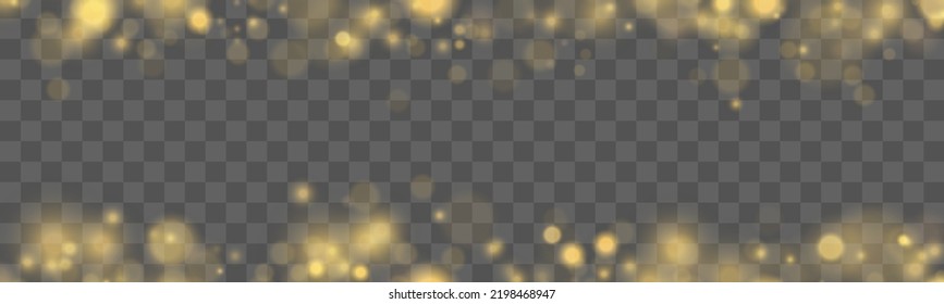 Defocused abstract golden bokeh lights and sparkles. Blur Christmas glowing gold dust confetti and spark overlay texture for your design. Glares with flying glowing particles light. Vector.