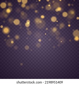 Defocused abstract golden bokeh lights and sparkles. Blur Christmas glowing gold dust confetti and spark overlay texture for your design. Glares with flying glowing particles light. Vector.