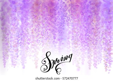  Defocused background with beautiful blooming wisteria. Vector illustration. Can be used for Easter, birthday, wedding, anniversary, save date, 8 march, woman's day. Seasonal sales.
