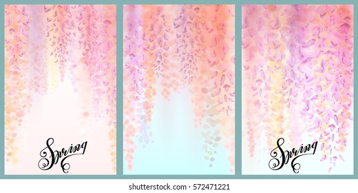 Defocused background with beautiful blooming wisteria. Vector illustration. Can be used for Easter, birthday, wedding, anniversary, save date, 8 march, woman's day. Seasonal sales. 