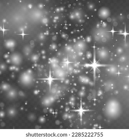 Defocused Christmas background. Star burst white sparkles. Magic sparks glitter special blur bokeh effect. Sparkling magical dust particle. Lens flare light sparkle, shiny glittering glow stars vector