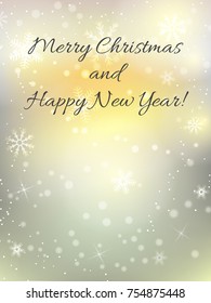 Defocused Christmas lights background with snowflakes and sparkles.