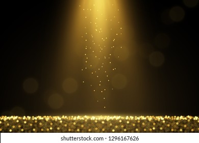 Defocused glitters. Glowing light effect. Sparkling golden dust. Abstract luxury background