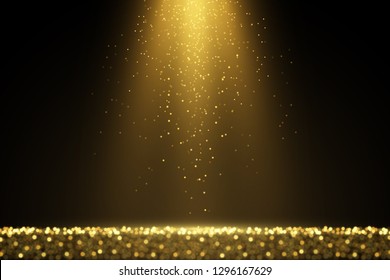 Defocused glitters. Glowing light effect. Sparkling golden dust. Abstract luxury background