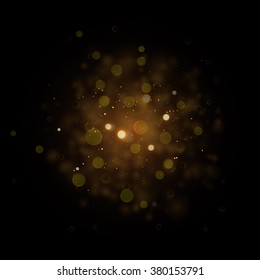 Defocused gold sparkle glitter lights background. Vector Glitter bokeh black background