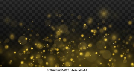 Defocused golden particles glittery. Blurred bokeh background. Golden stars shine with special light effect. Bokeh lights yellow sparkle, blur gold dust sparks. Christmas concept. Vector illustration.