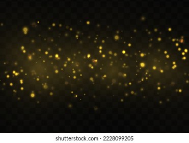 Defocused golden particles glittery. Blurred bokeh background. Golden stars shine with special light effect. Bokeh lights yellow sparkle, blur gold dust sparks. Christmas concept. Vector illustration.