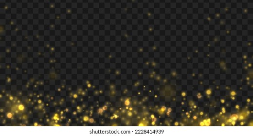 Defocused golden particles glittery. Blurred bokeh background. Golden stars shine with special light effect. Bokeh lights yellow sparkle, blur gold dust sparks. Christmas concept. Vector illustration.
