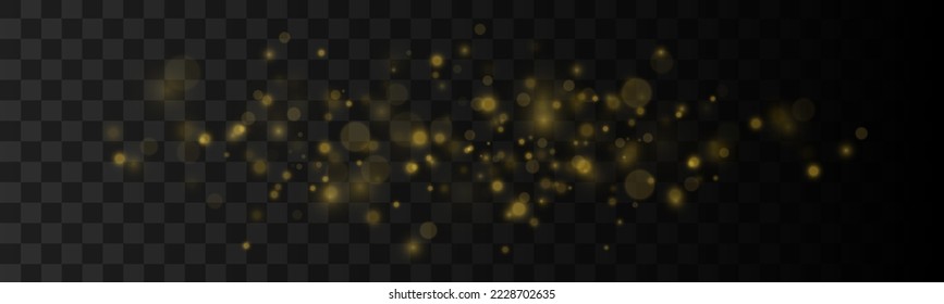 Defocused golden particles glittery. Blurred bokeh background. Golden stars shine with special light effect. Bokeh lights yellow sparkle, blur gold dust sparks. Christmas concept. Vector illustration.