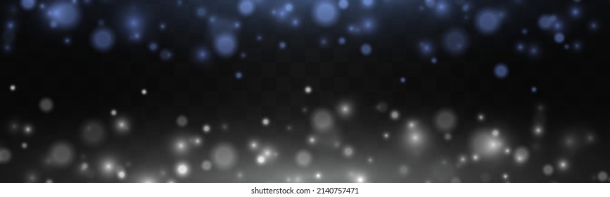 Defocused light blue and white glitter. Glares with flying glowing particles. Christmas background of shining blurred dust. Glowing lights bokeh confetti and spark. Blurry spots with stars. Vector.