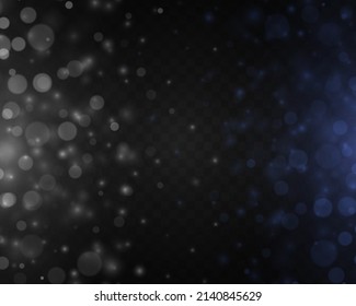 Defocused light blue and white glitter. Glares with flying glowing particles. Christmas background of shining blurred dust. Glowing lights bokeh confetti and spark. Blurry spots with stars. Vector.