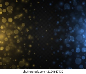 Defocused light blue and yellow glitter. Glares with flying glowing particles. Christmas background of shining blurred dust. Glowing lights bokeh confetti and spark. Blurry spots with stars. Vector.