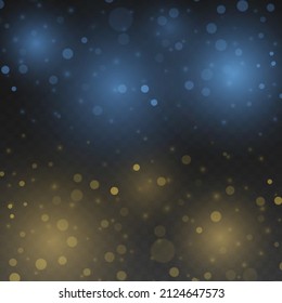 Defocused light blue and yellow glitter. Glares with flying glowing particles. Christmas background of shining blurred dust. Glowing lights bokeh confetti and spark. Blurry spots with stars. Vector.