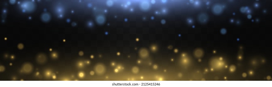 Defocused light blue and yellow glitter. Glares with flying glowing particles. Christmas background of shining blurred dust. Glowing lights bokeh confetti and spark. Blurry spots with stars. Vector.