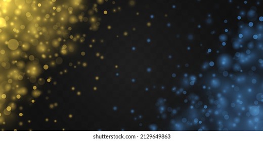 Defocused light blue and yellow glitter. Glares with flying glowing particles. Christmas background of shining blurred dust. Glowing lights bokeh confetti and spark. Blurry spots with stars. Vector.