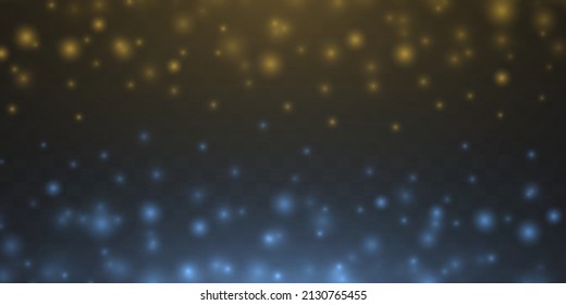 Defocused light blue and yellow glitter. Glares with flying glowing particles. Christmas background of shining blurred dust. Glowing lights bokeh confetti and spark. Blurry spots with stars. Vector.